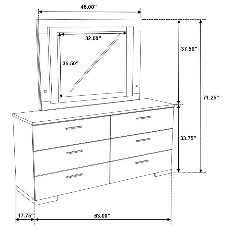 Felicity 6-drawer Dresser with LED Mirror White High Gloss