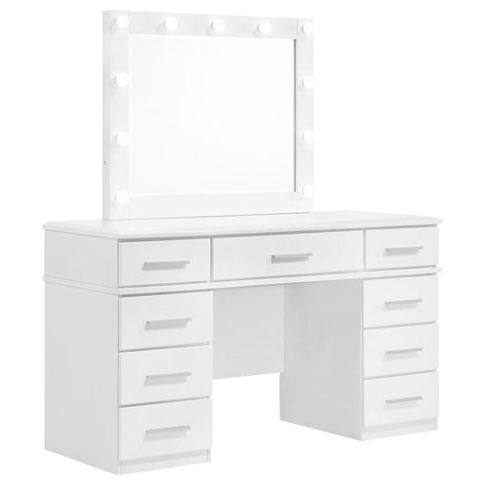 Felicity 9-Drawer Vanity Table Lighted Mirror Glossy White - Elegant and Functional Bedroom Makeup Station