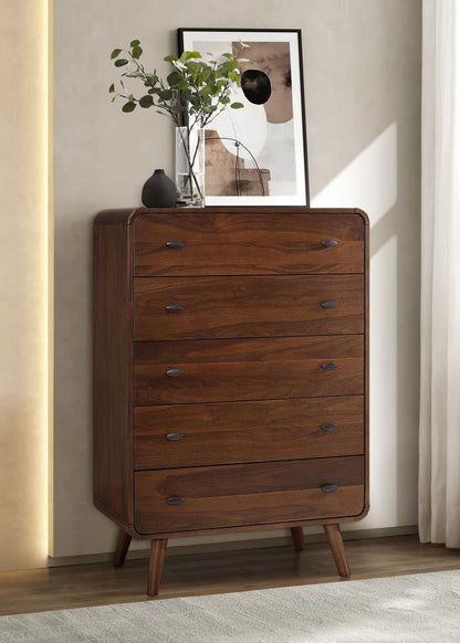 Robyn 5-Drawer Chest – Dark Walnut Finish for Timeless Style and Functional Bedroom Storage