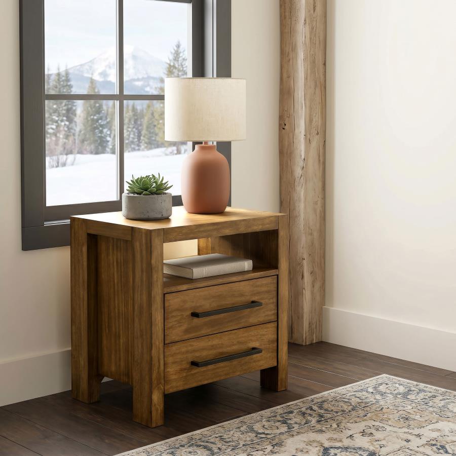 Adderley Warm Brown 2‑Drawer Nightstand with Open Shelf
