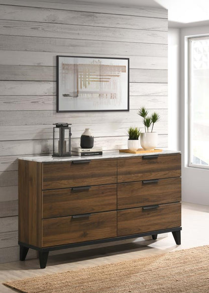 Mays 6-Drawer Dresser in Walnut Brown with Faux Marble Top - Elegant Design and Spacious Storage for Any Bedroom