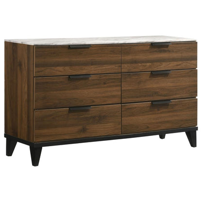 Mays 6-Drawer Dresser in Walnut Brown with Faux Marble Top - Elegant Design and Spacious Storage for Any Bedroom