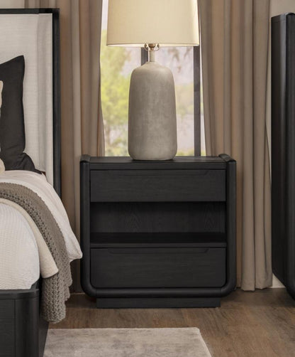 Leandro Burnished Black 2‑Drawer LED Nightstand with USB Ports