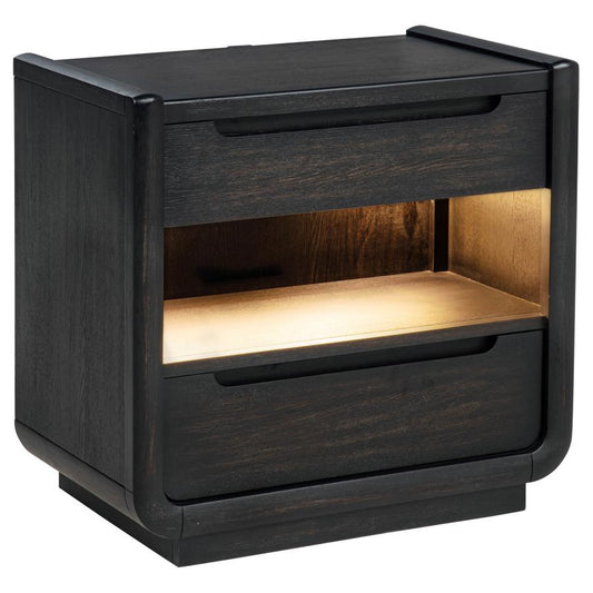 Leandro Burnished Black 2‑Drawer LED Nightstand with USB Ports
