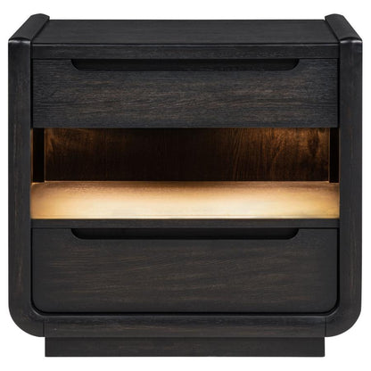 Leandro Burnished Black 2‑Drawer LED Nightstand with USB Ports