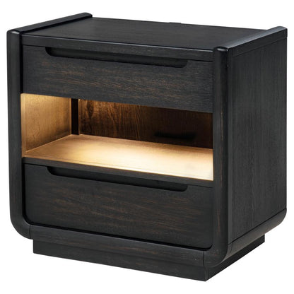 Leandro Burnished Black 2‑Drawer LED Nightstand with USB Ports