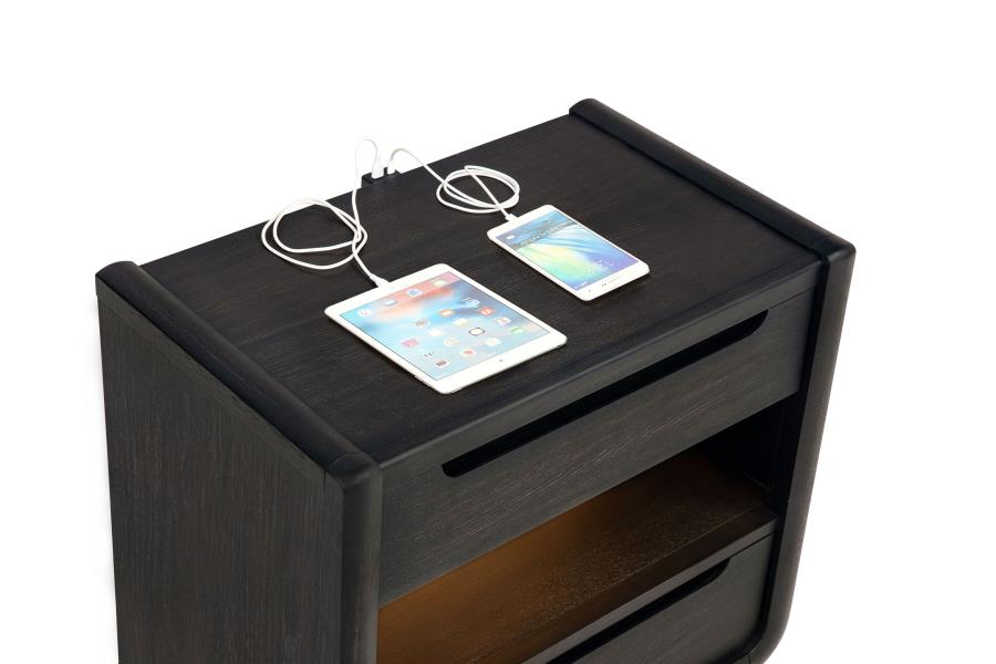 Leandro Burnished Black 2‑Drawer LED Nightstand with USB Ports