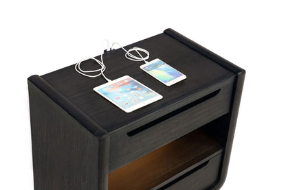 Leandro Burnished Black 2‑Drawer LED Nightstand with USB Ports