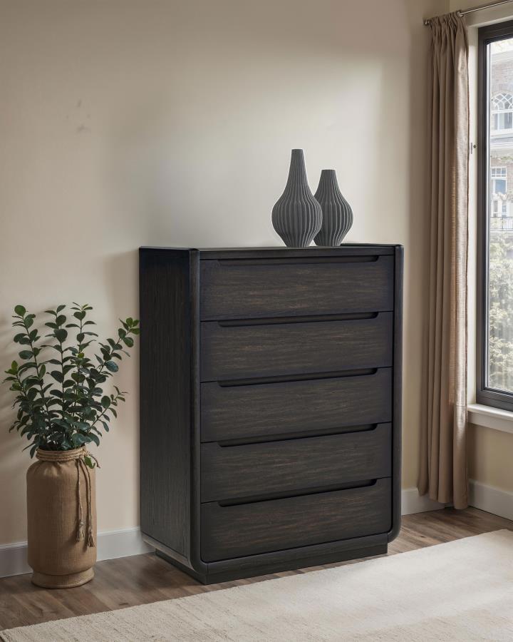 Leandro Burnished Black 5‑Drawer Bedroom Chest