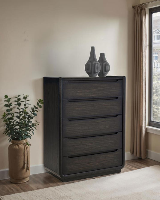 Leandro Burnished Black 5‑Drawer Bedroom Chest