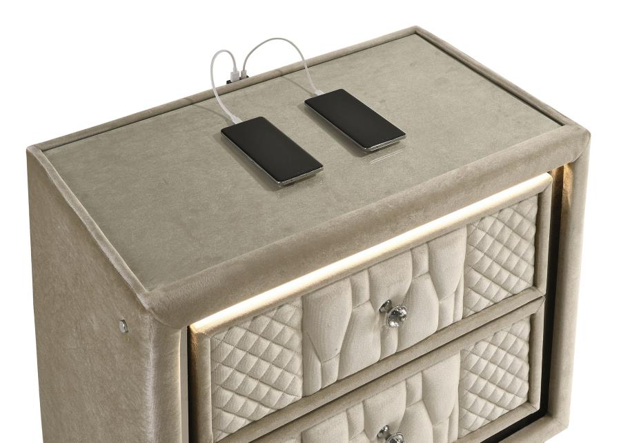 Lorient Ivory and Camel 2‑Drawer LED Nightstand with USB Ports