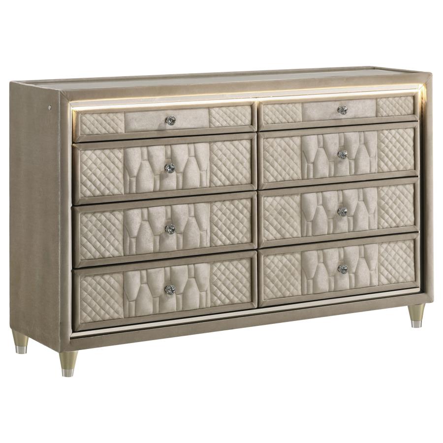 Lorient Ivory and Camel 8‑Drawer LED Bedroom Dresser