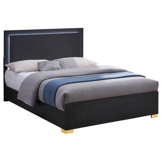 Marceline Wood LED Panel Bed in Black - Sleek, Modern Design with Built-In LED Lighting for a Bold Bedroom Statement