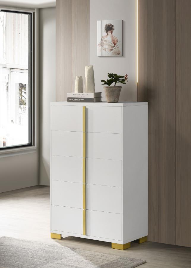 Marceline 5-Drawer Bedroom Chest in White - Stylish and Functional Storage Solution for a Sleek, Organized Bedroom