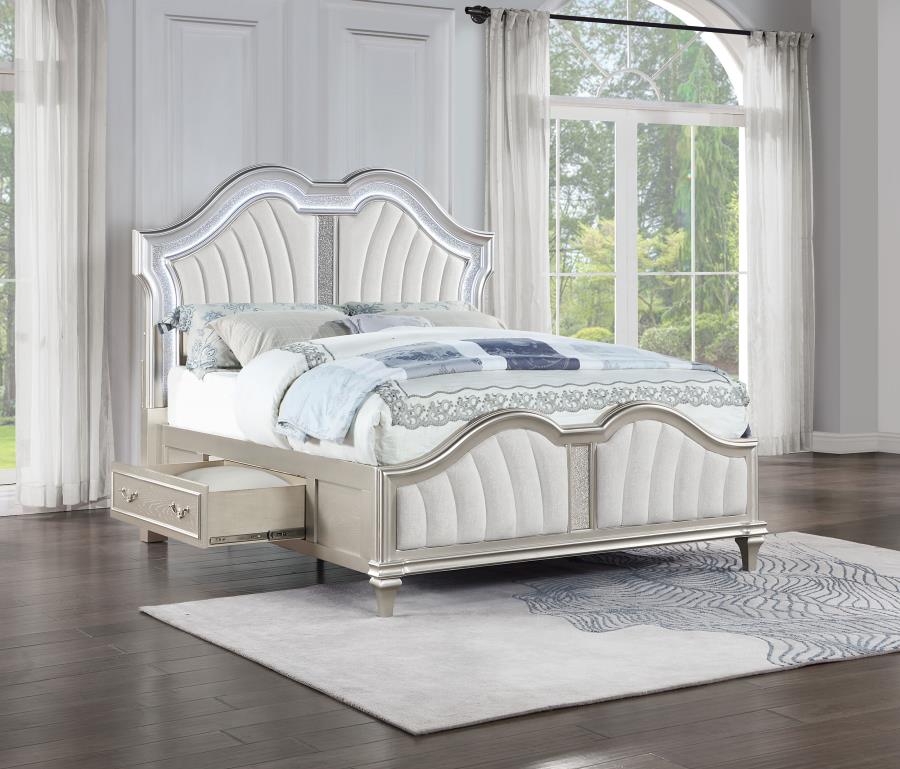 Evangeline Wood LED Storage Panel Bed Silver Oak