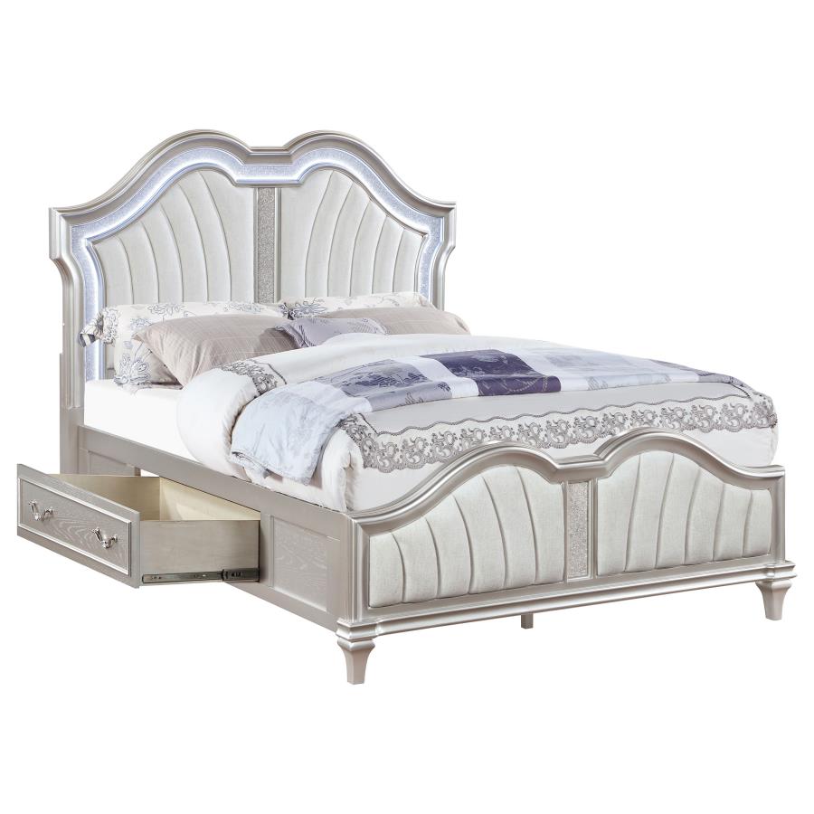 Evangeline Wood LED Storage Panel Bed Silver Oak