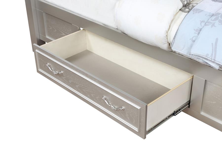 Evangeline Wood LED Storage Panel Bed Silver Oak