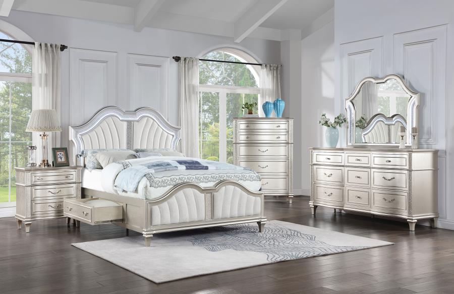 Evangeline Wood LED Storage Panel Bed Silver Oak