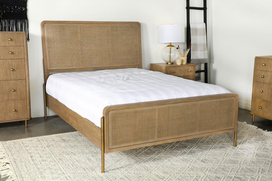 Arini Upholstered Panel Bed Sand Wash And Natural Cane