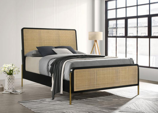 Arini Rattan Panel Bed Black and Natural