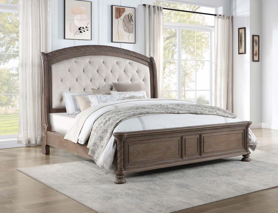 Emmett Tufted Headboard Panel Bed in Walnut and Beige - Classic and Comfortable Design for a Timeless, Elegant Bedroom