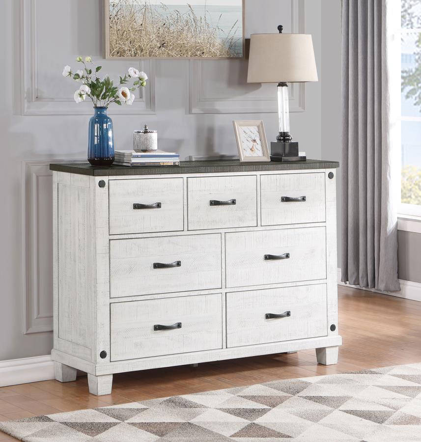 Lilith 7-Drawer Dresser – Distressed Grey & White Finish for Rustic Elegance and Generous Storage in Any Bedroom