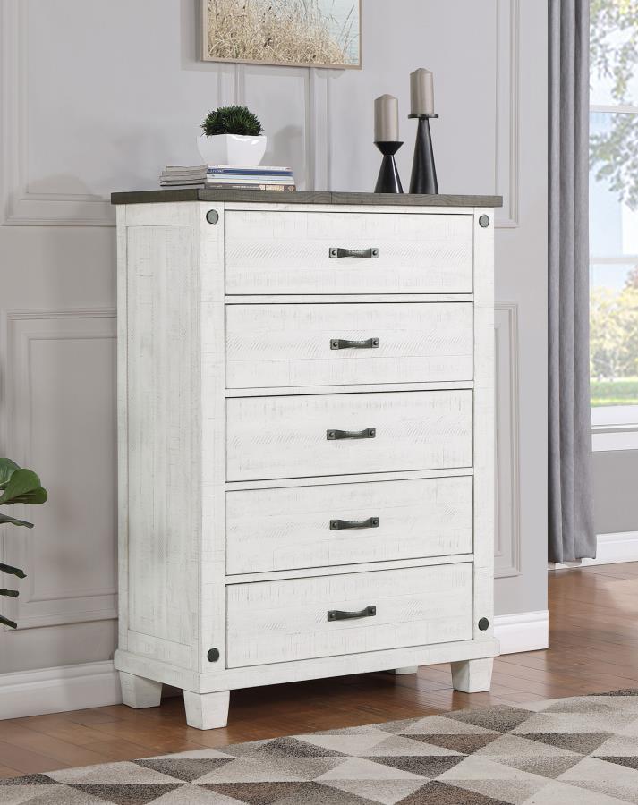 Lilith 5-Drawer Chest – Distressed Grey & White Finish for Rustic Charm and Functional Bedroom Storage