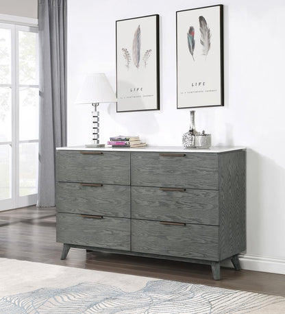 Nathan 6-Drawer Dresser – White Marble & Grey Finish for Sleek Style and Spacious Storage in Your Bedroom