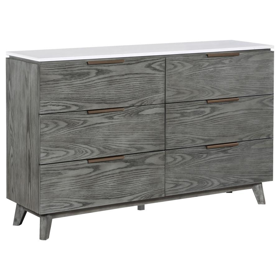 Nathan 6-Drawer Dresser – White Marble & Grey Finish for Sleek Style and Spacious Storage in Your Bedroom