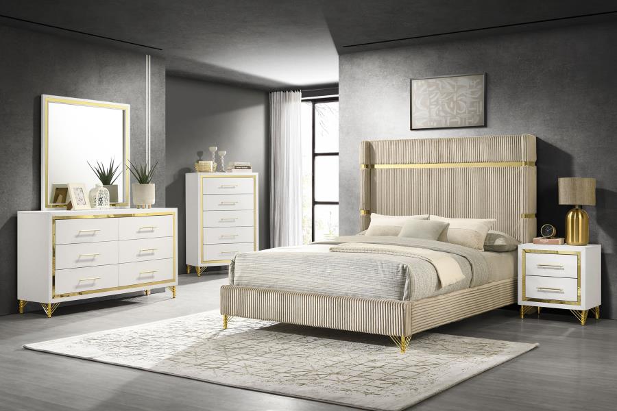 Lucia 5-Piece Bedroom Set With Upholstered Queen Wingback Panel Bed Beige