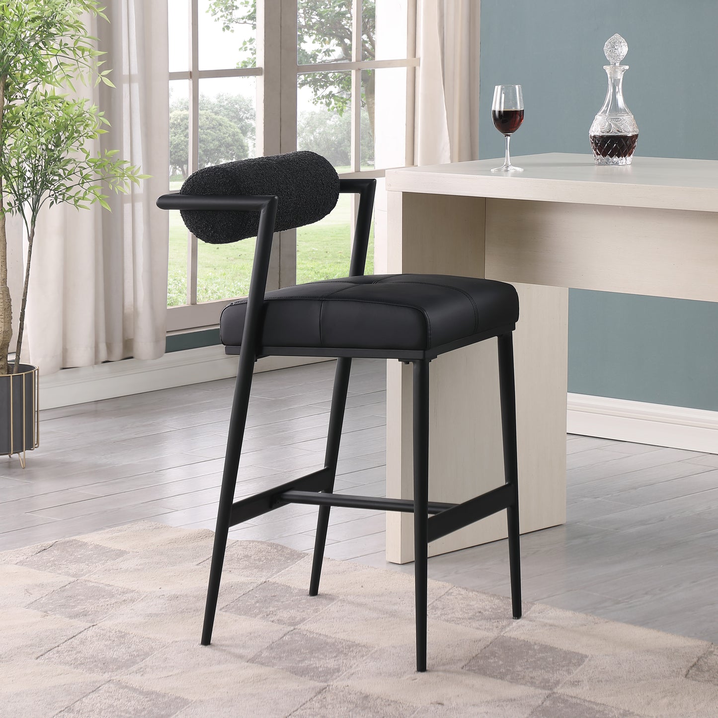 Stryker Boucle Fabric & Vegan Leather Bar/Counter Stools  Set of 2 – Modern Mixed-Material Seating