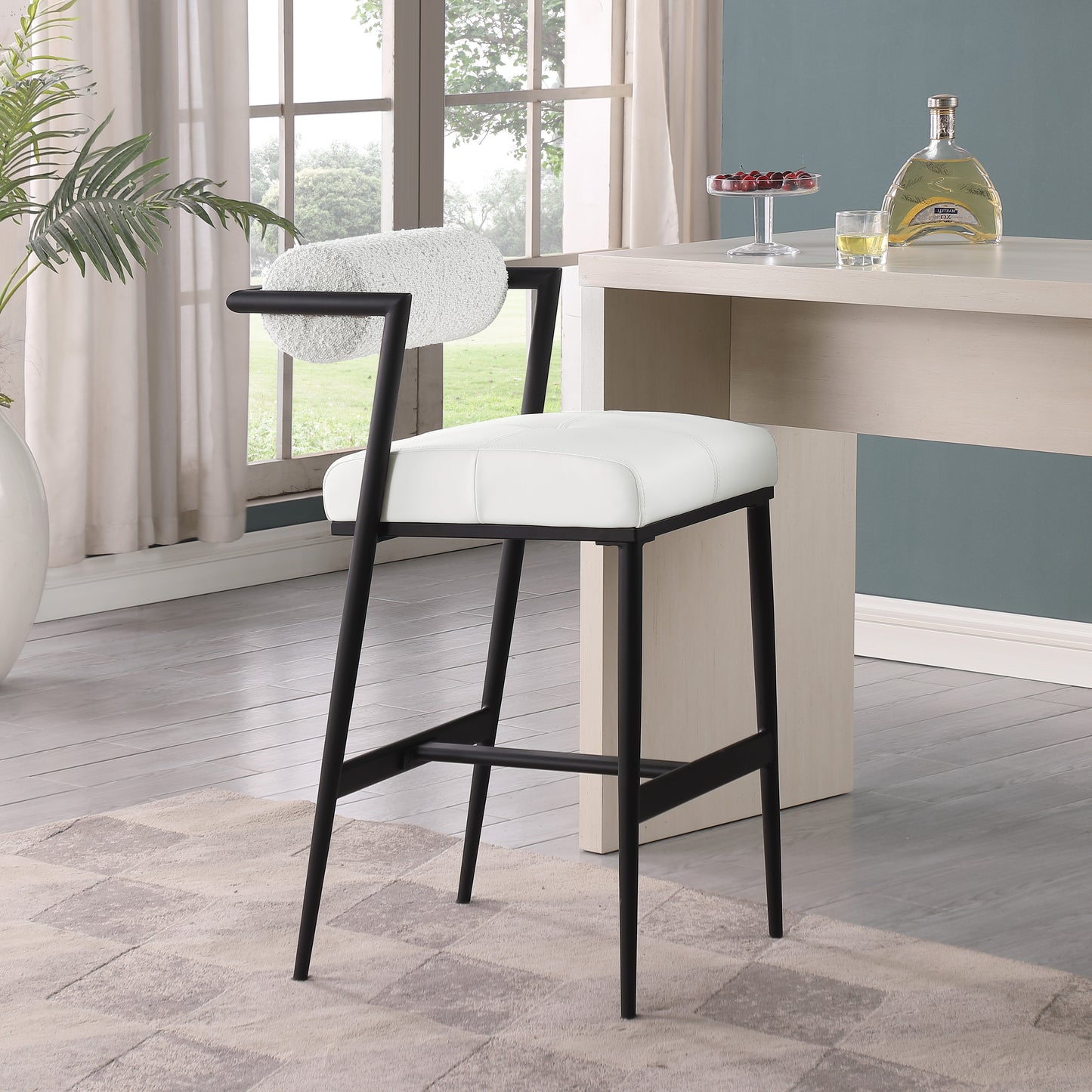 Stryker Boucle Fabric & Vegan Leather Bar/Counter Stools  Set of 2 – Modern Mixed-Material Seating