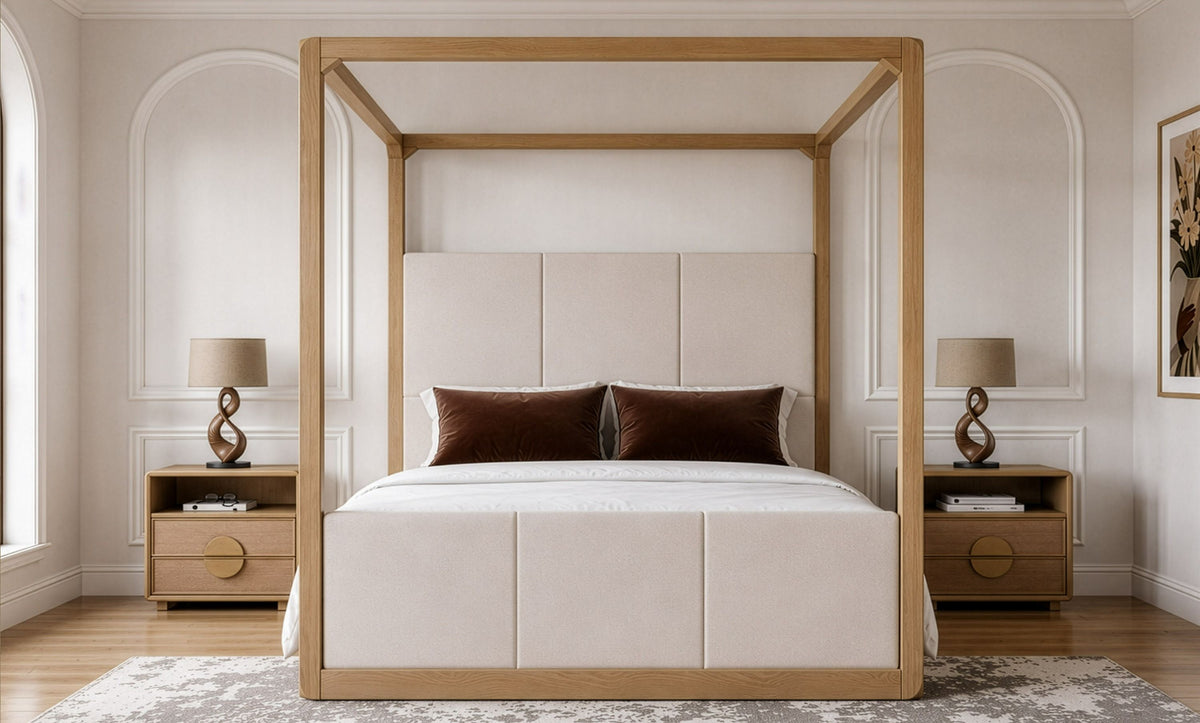 Sergio 4‑Piece Bedroom Set Natural Oak Upholstered Canopy Bed