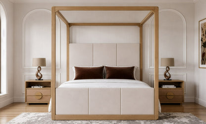 Sergio 4‑Piece Bedroom Set Natural Oak Upholstered Canopy Bed