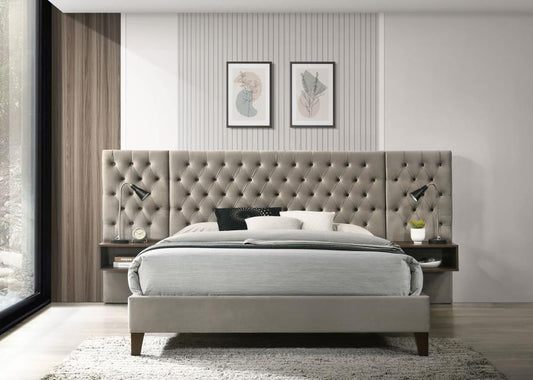 Marley Upholstered Platform Bed With Headboard Panels Light Brown