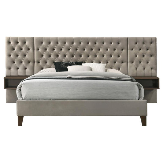 Marley Upholstered Platform Bed with Headboard Panels in Light Brown - Stylish and Comfortable Design for a Warm, Modern Bedroom