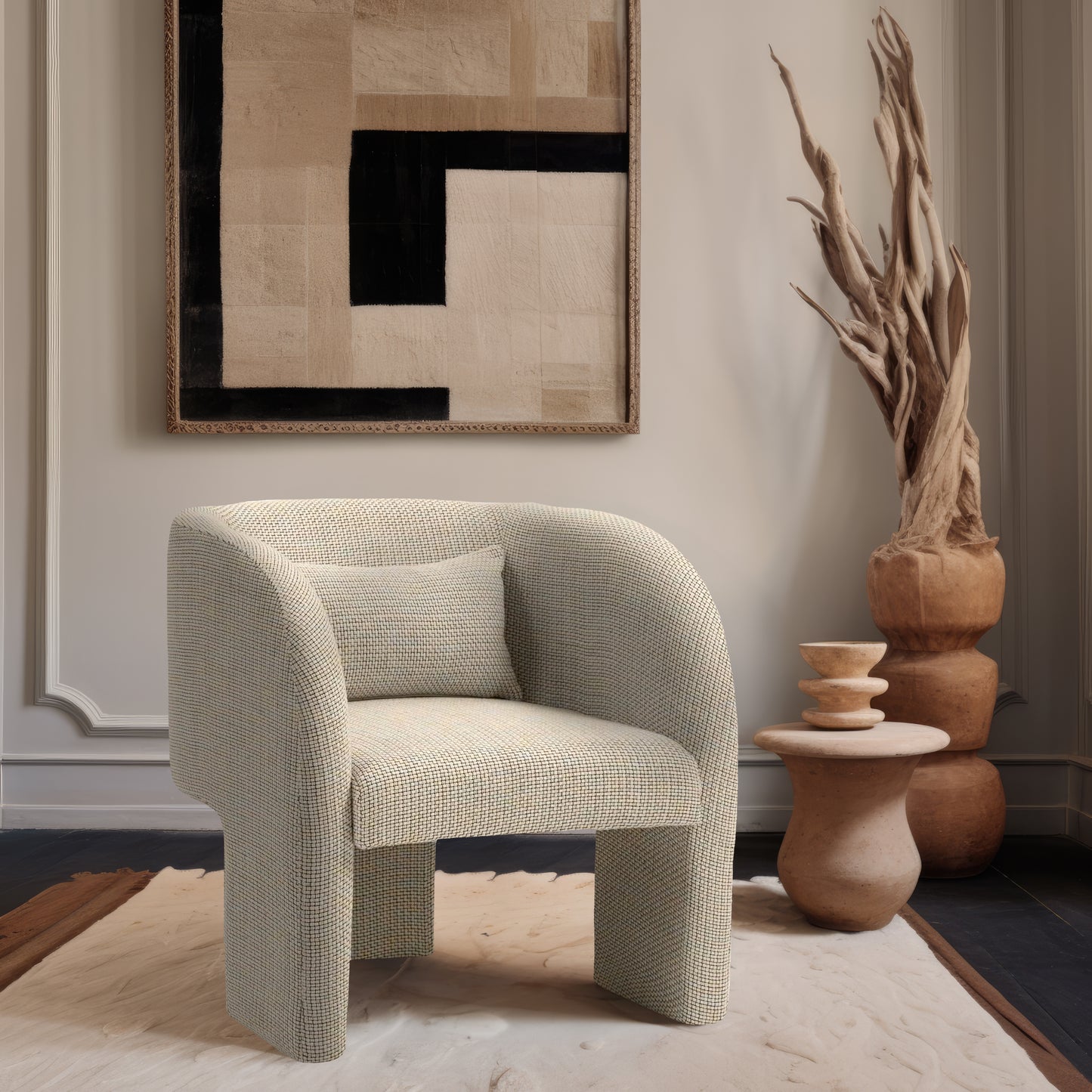 Sawyer Weaved Fabric Upholstered Accent Chair – Textured Modern Seating with Wooden Frame