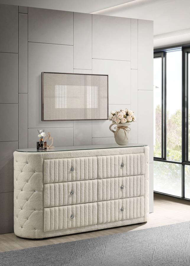 Sonya 6-Drawer Upholstered Bedroom Dresser – Ivory Fabric Storage Chest