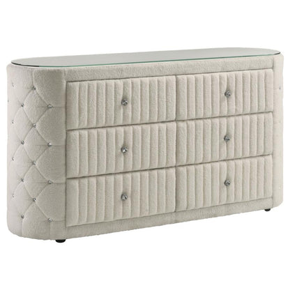 Sonya 6-Drawer Upholstered Bedroom Dresser – Ivory Fabric Storage Chest