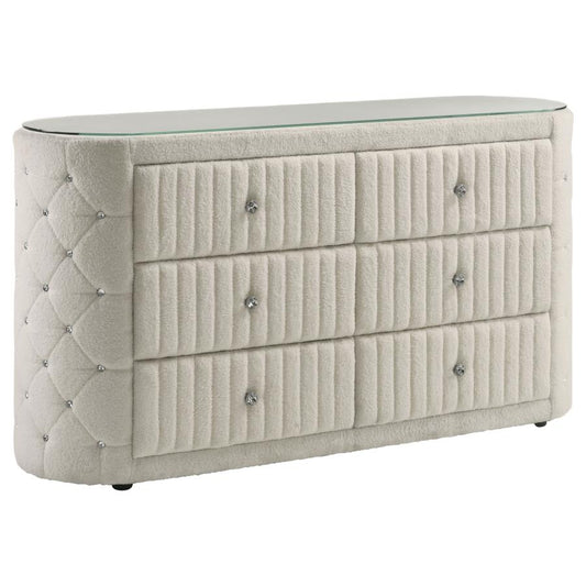 Sonya 6-Drawer Upholstered Bedroom Dresser – Ivory Fabric Storage Chest