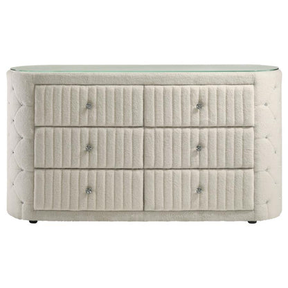 Sonya 6-Drawer Upholstered Bedroom Dresser – Ivory Fabric Storage Chest