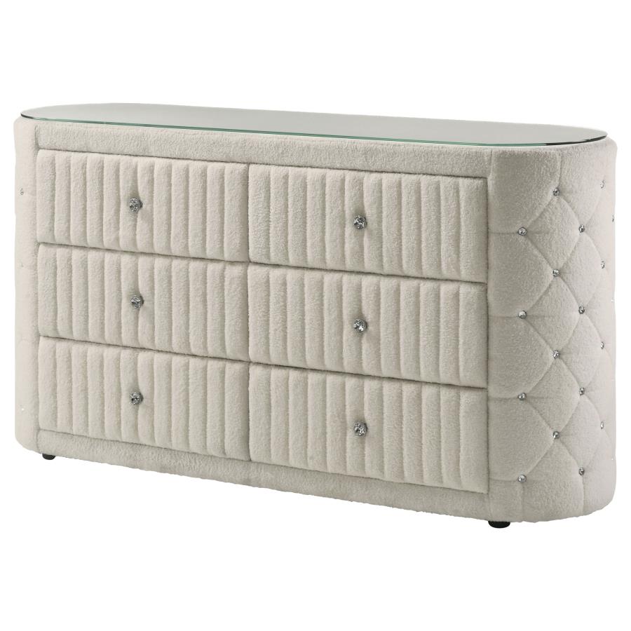 Sonya 6-Drawer Upholstered Bedroom Dresser – Ivory Fabric Storage Chest