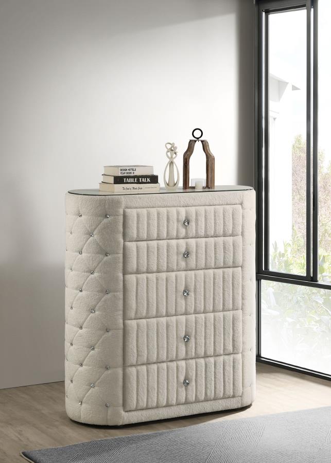 Sonya 5-Drawer Upholstered Bedroom Chest – Ivory Fabric Storage Cabinet
