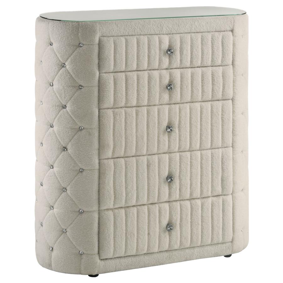 Sonya 5-Drawer Upholstered Bedroom Chest – Ivory Fabric Storage Cabinet