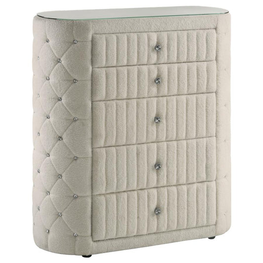 Sonya 5-Drawer Upholstered Bedroom Chest – Ivory Fabric Storage Cabinet