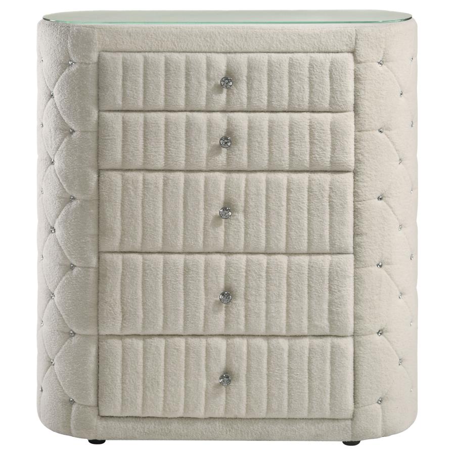 Sonya 5-Drawer Upholstered Bedroom Chest – Ivory Fabric Storage Cabinet