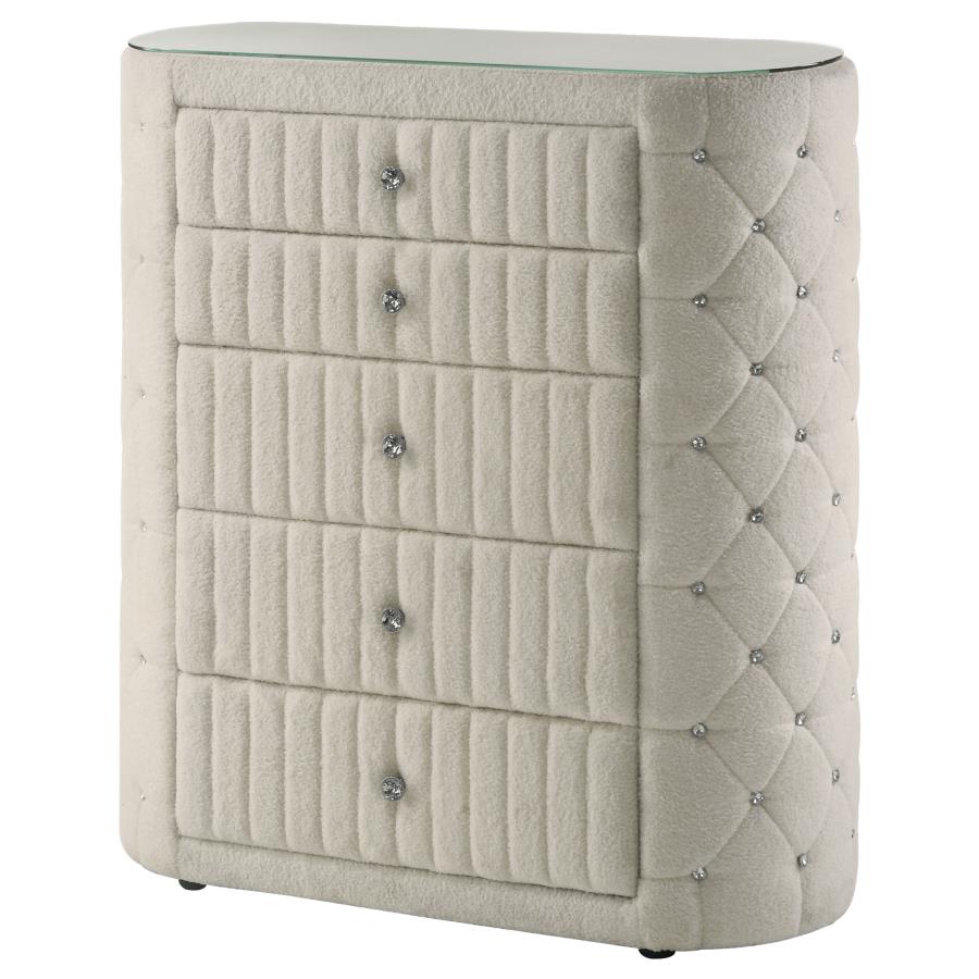 Sonya 5-Drawer Upholstered Bedroom Chest – Ivory Fabric Storage Cabinet