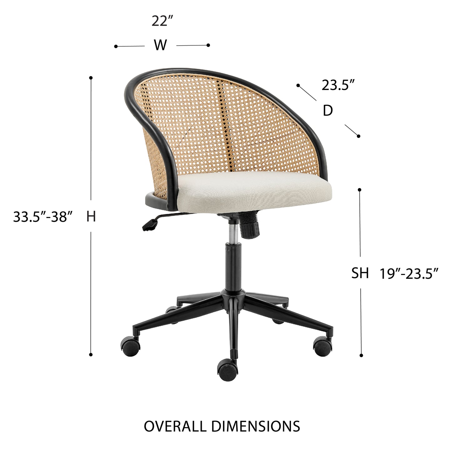 Dagmar Office Chair with Frame/Base in Black Natural Cane Back and Beige Fabric Seat