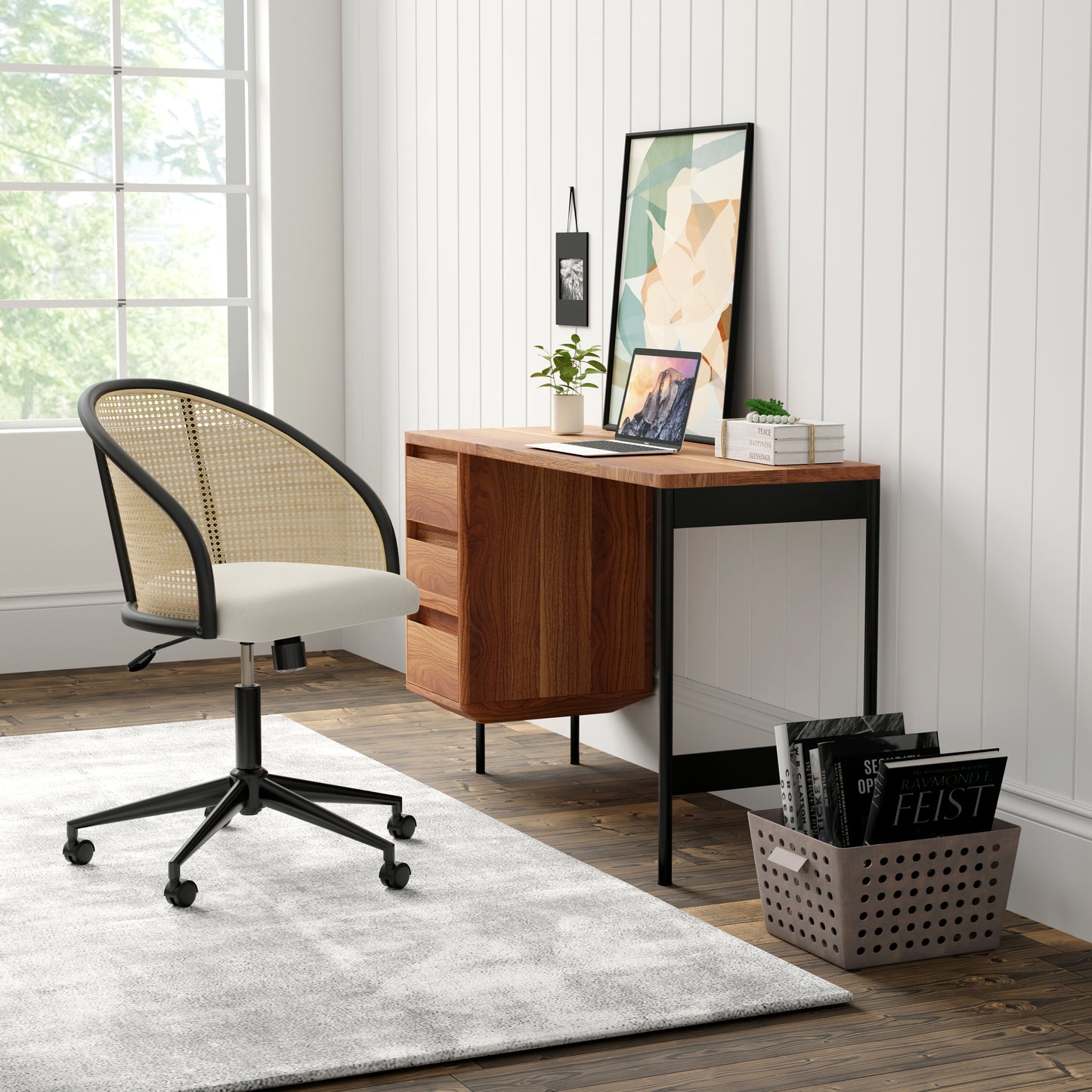 Dagmar Office Chair with Frame/Base in Black Natural Cane Back and Beige Fabric Seat