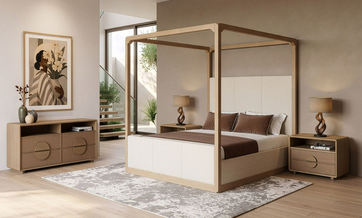 Sergio 4‑Piece Bedroom Set Natural Oak Upholstered Canopy Bed